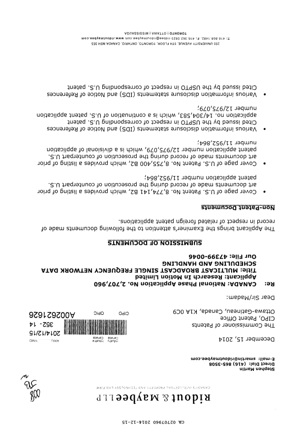 Canadian Patent Document 2707960. Prosecution-Amendment 20141215. Image 1 of 2