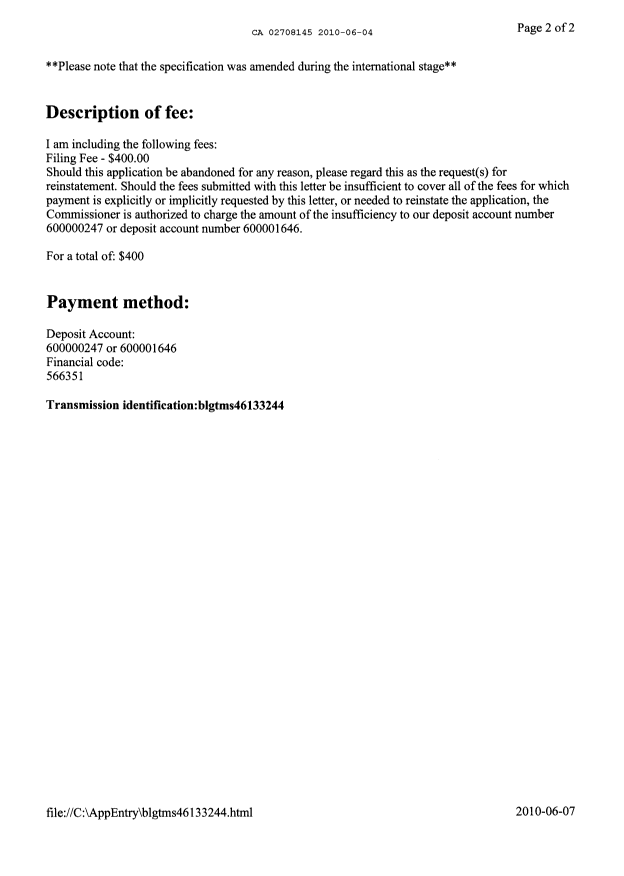 Document de brevet canadien 2708145. Cession 20100604. Image 3 de 3