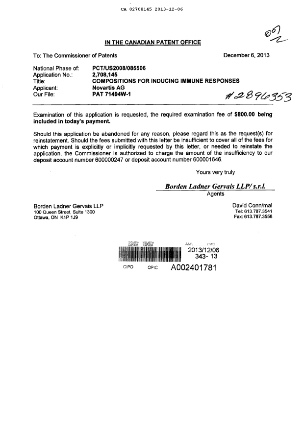 Canadian Patent Document 2708145. Prosecution-Amendment 20131206. Image 1 of 1