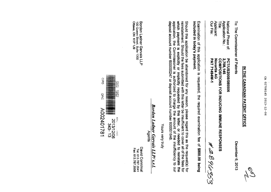 Document de brevet canadien 2708145. Poursuite-Amendment 20131206. Image 1 de 1
