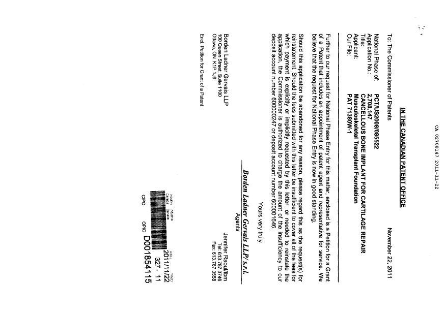 Document de brevet canadien 2708147. Correspondance 20111122. Image 1 de 3