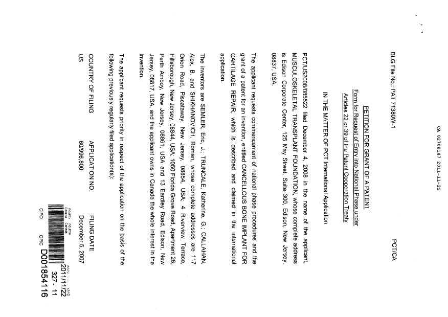 Canadian Patent Document 2708147. Correspondence 20111122. Image 2 of 3