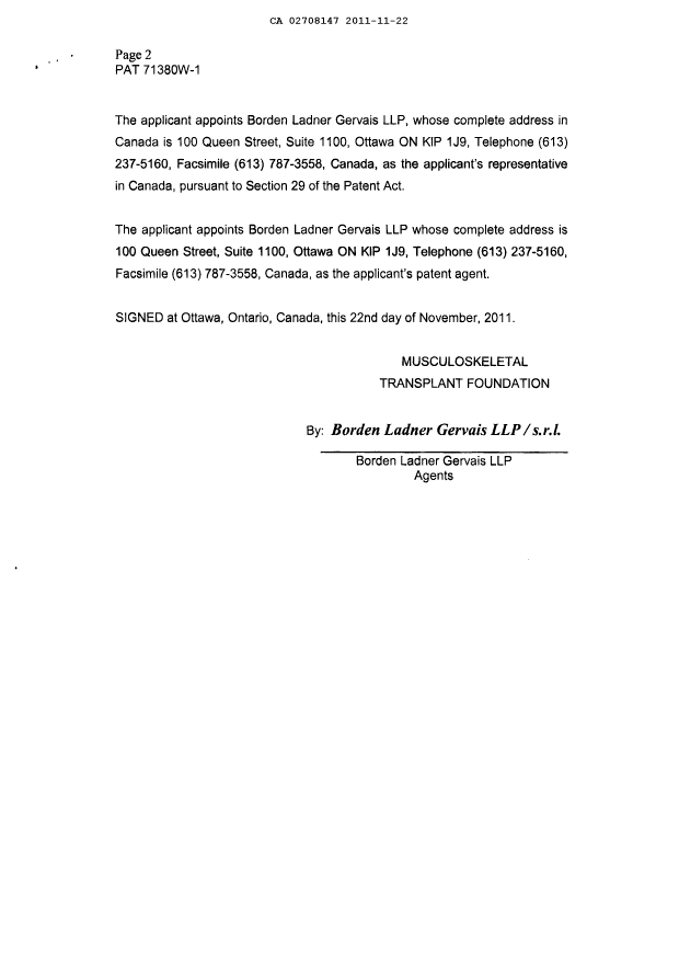 Document de brevet canadien 2708147. Correspondance 20111122. Image 3 de 3