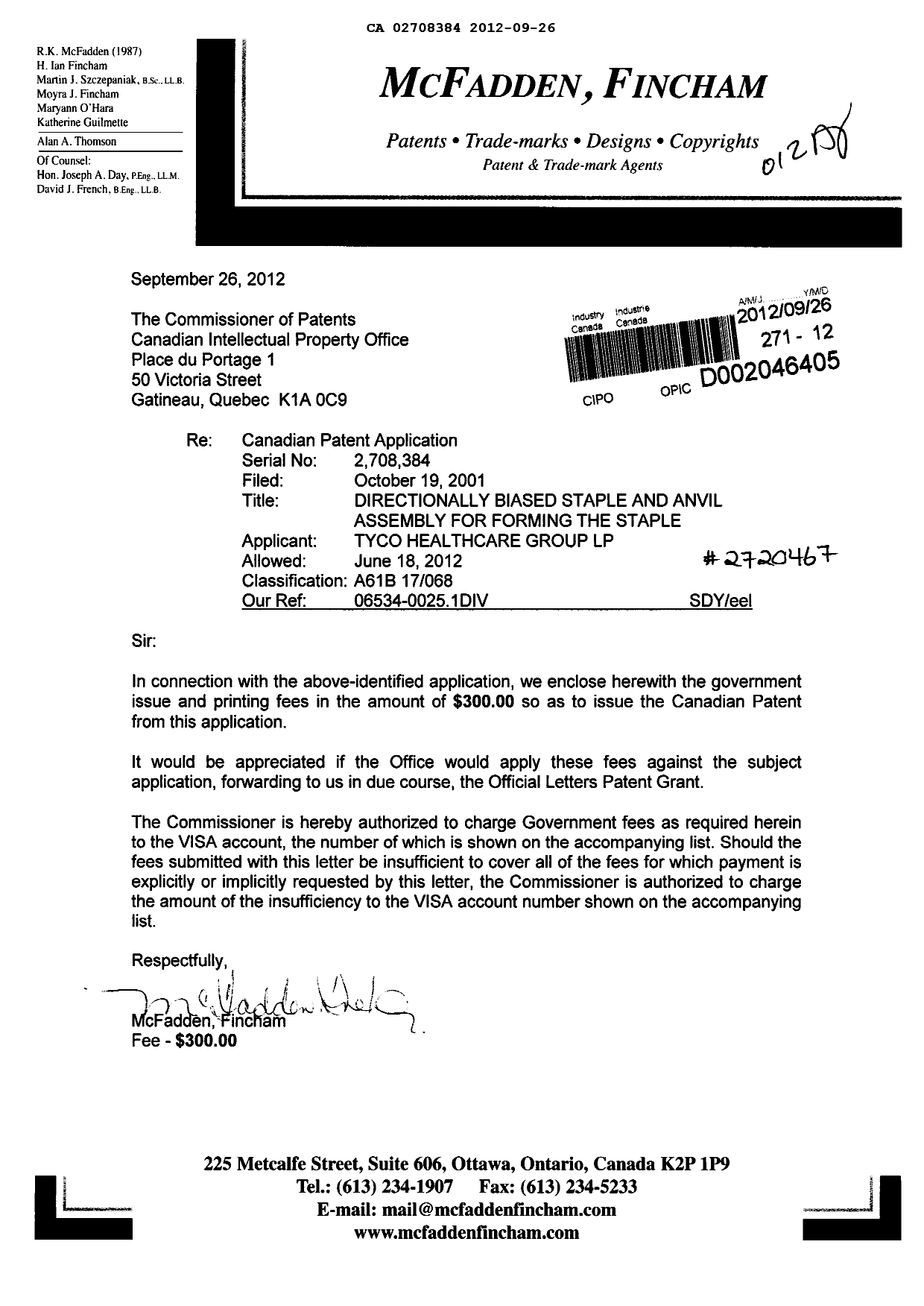 Document de brevet canadien 2708384. Correspondance 20120926. Image 1 de 1