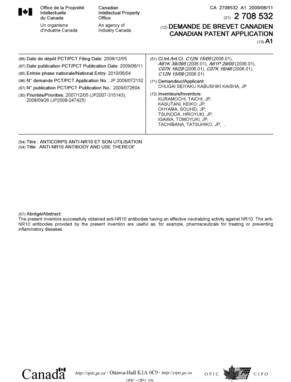 Document de brevet canadien 2708532. Page couverture 20100816. Image 1 de 2