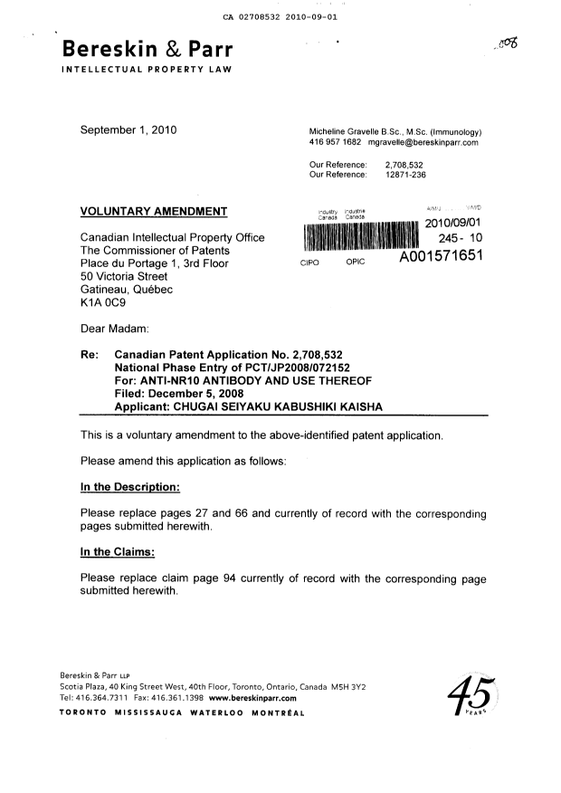 Document de brevet canadien 2708532. Poursuite-Amendment 20100901. Image 1 de 5
