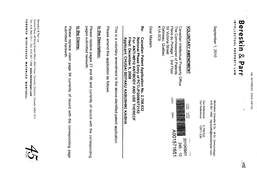 Canadian Patent Document 2708532. Prosecution-Amendment 20100901. Image 1 of 5