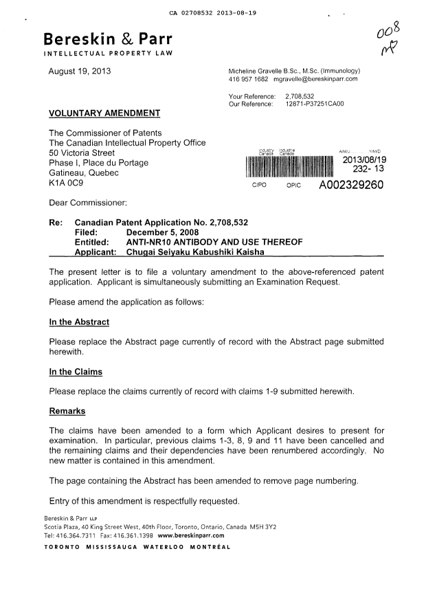 Canadian Patent Document 2708532. Prosecution-Amendment 20130819. Image 1 of 6