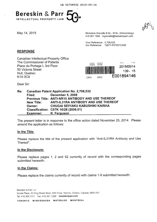 Document de brevet canadien 2708532. Poursuite-Amendment 20150514. Image 1 de 10