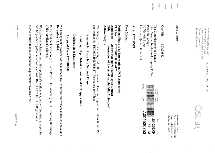 Document de brevet canadien 2708624. Cession 20100609. Image 1 de 5