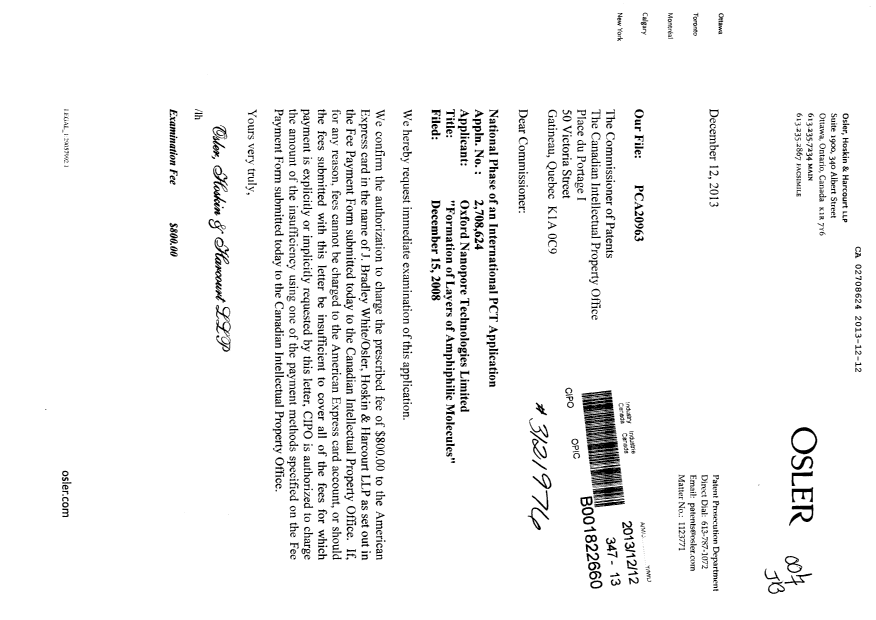 Document de brevet canadien 2708624. Poursuite-Amendment 20131212. Image 1 de 1