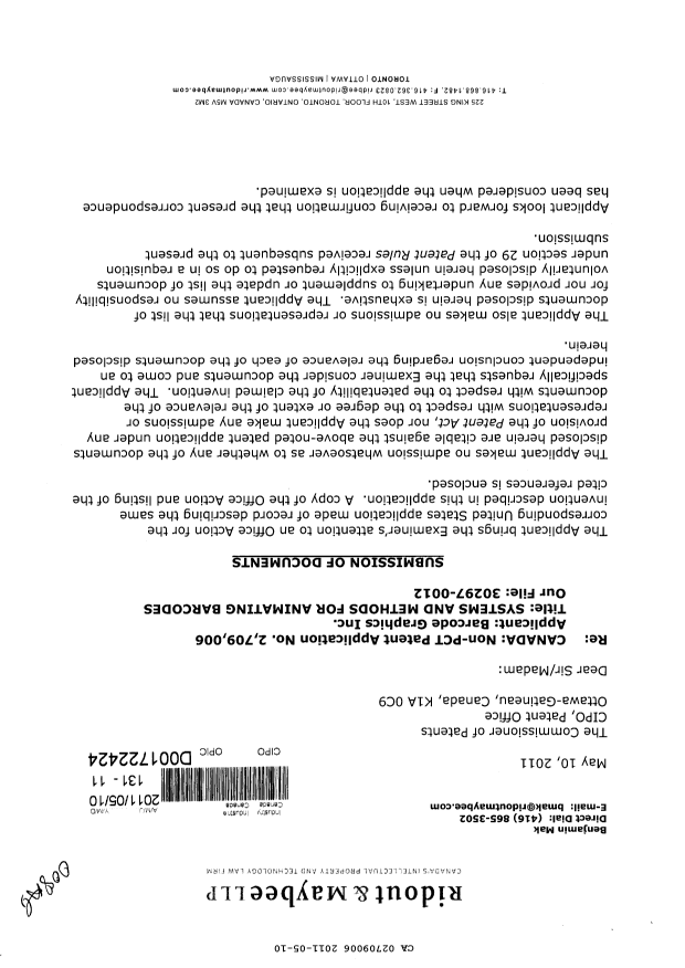 Canadian Patent Document 2709006. Prosecution-Amendment 20110510. Image 1 of 2