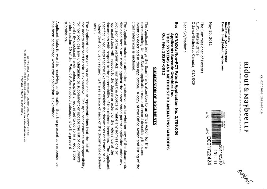 Document de brevet canadien 2709006. Poursuite-Amendment 20110510. Image 1 de 2