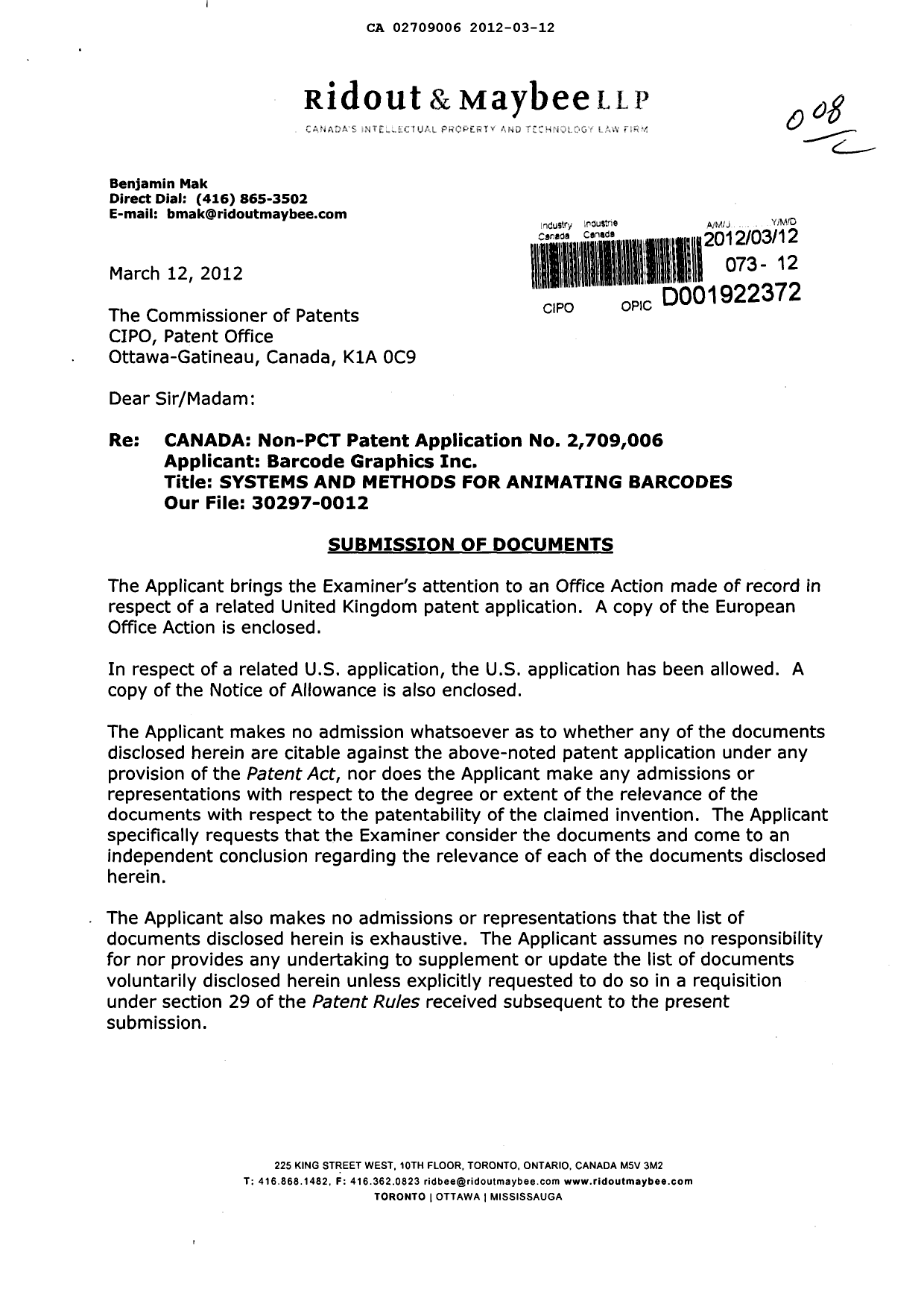 Document de brevet canadien 2709006. Poursuite-Amendment 20120312. Image 1 de 4