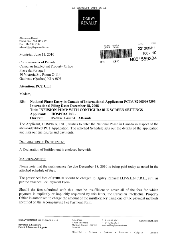 Document de brevet canadien 2709184. Cession 20100611. Image 1 de 6