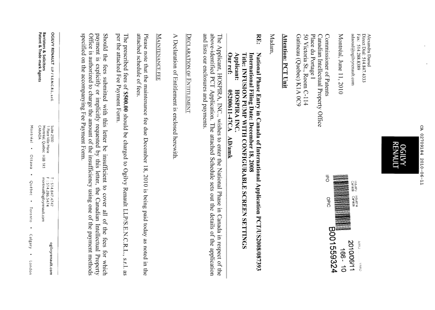 Document de brevet canadien 2709184. Cession 20100611. Image 1 de 6