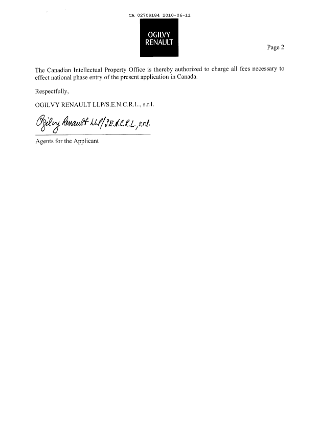 Document de brevet canadien 2709184. Cession 20100611. Image 2 de 6