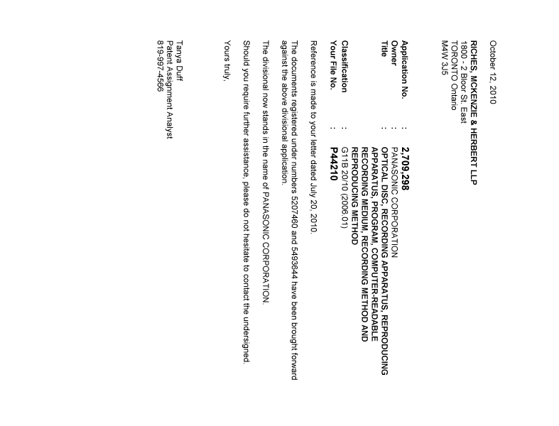 Document de brevet canadien 2709298. Correspondance 20101012. Image 1 de 1