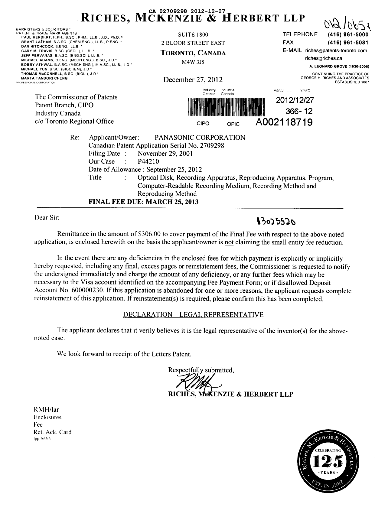Document de brevet canadien 2709298. Correspondance 20121227. Image 1 de 1