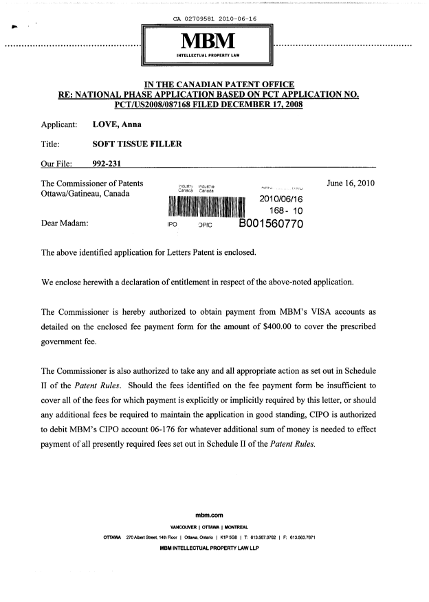 Document de brevet canadien 2709581. Cession 20100616. Image 1 de 5