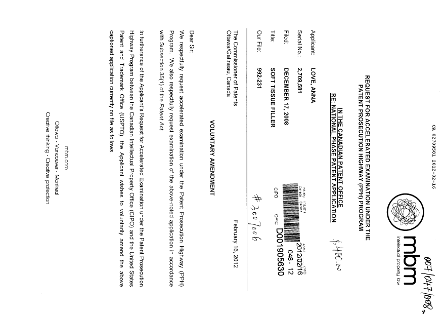 Canadian Patent Document 2709581. Prosecution-Amendment 20120216. Image 1 of 15