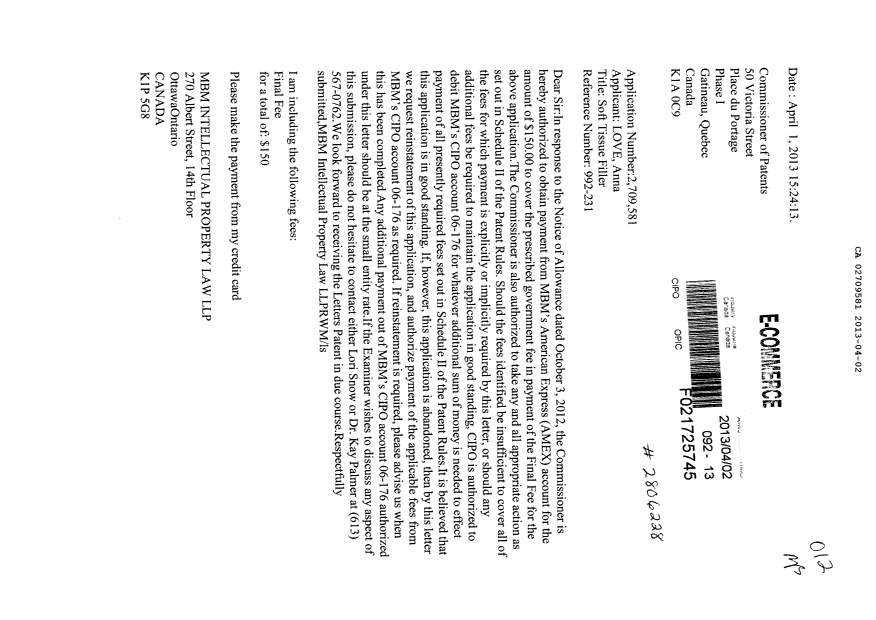 Canadian Patent Document 2709581. Correspondence 20130402. Image 1 of 2