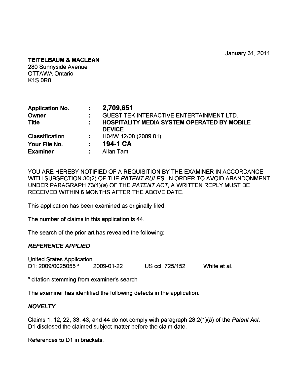 Document de brevet canadien 2709651. Poursuite-Amendment 20110131. Image 1 de 3