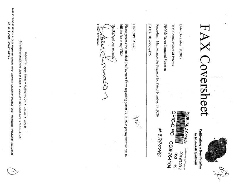 Document de brevet canadien 2710026. Paiement de taxe périodique 20191219. Image 1 de 1
