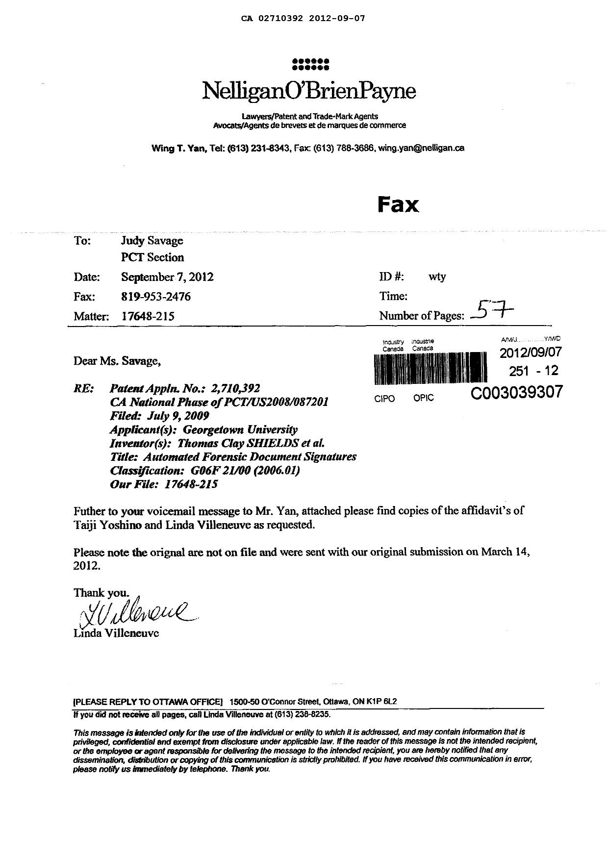 Document de brevet canadien 2710392. Correspondance 20120907. Image 1 de 56
