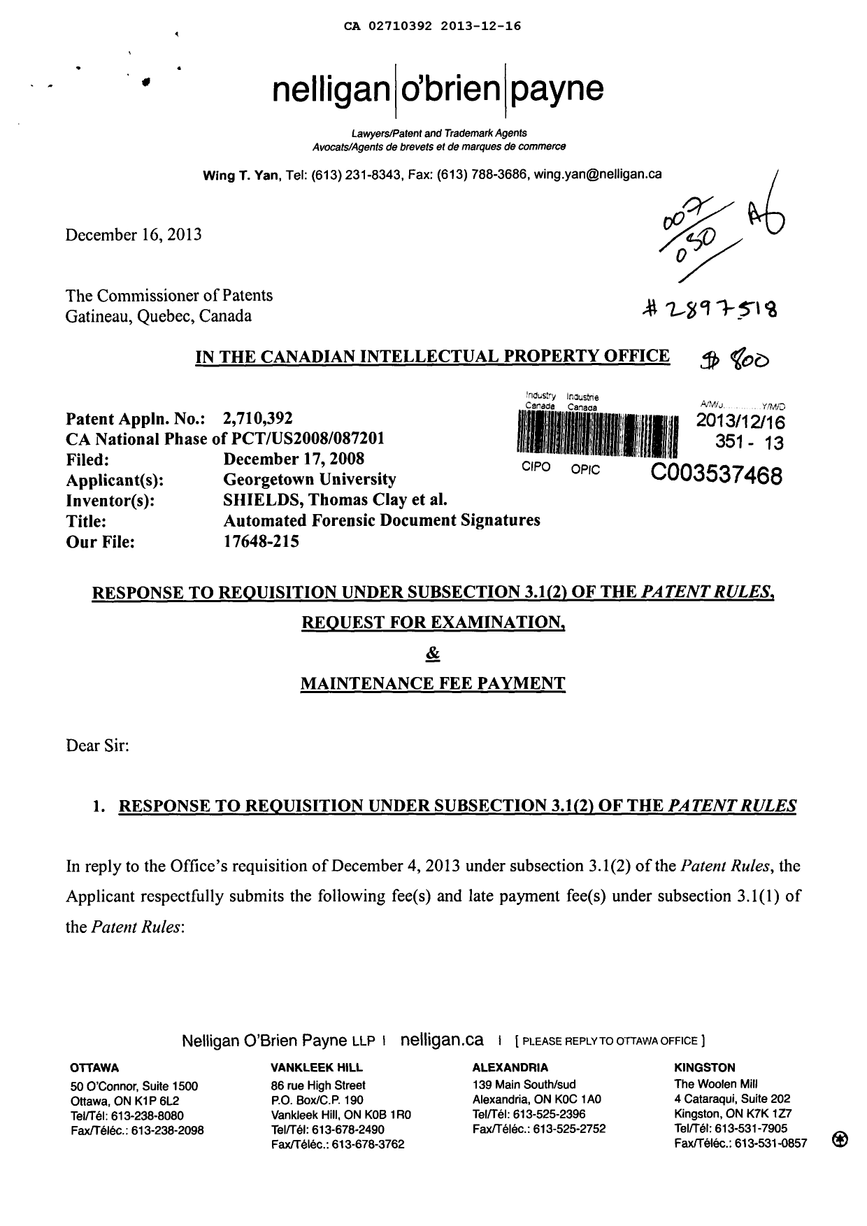 Document de brevet canadien 2710392. Taxes 20131216. Image 1 de 3
