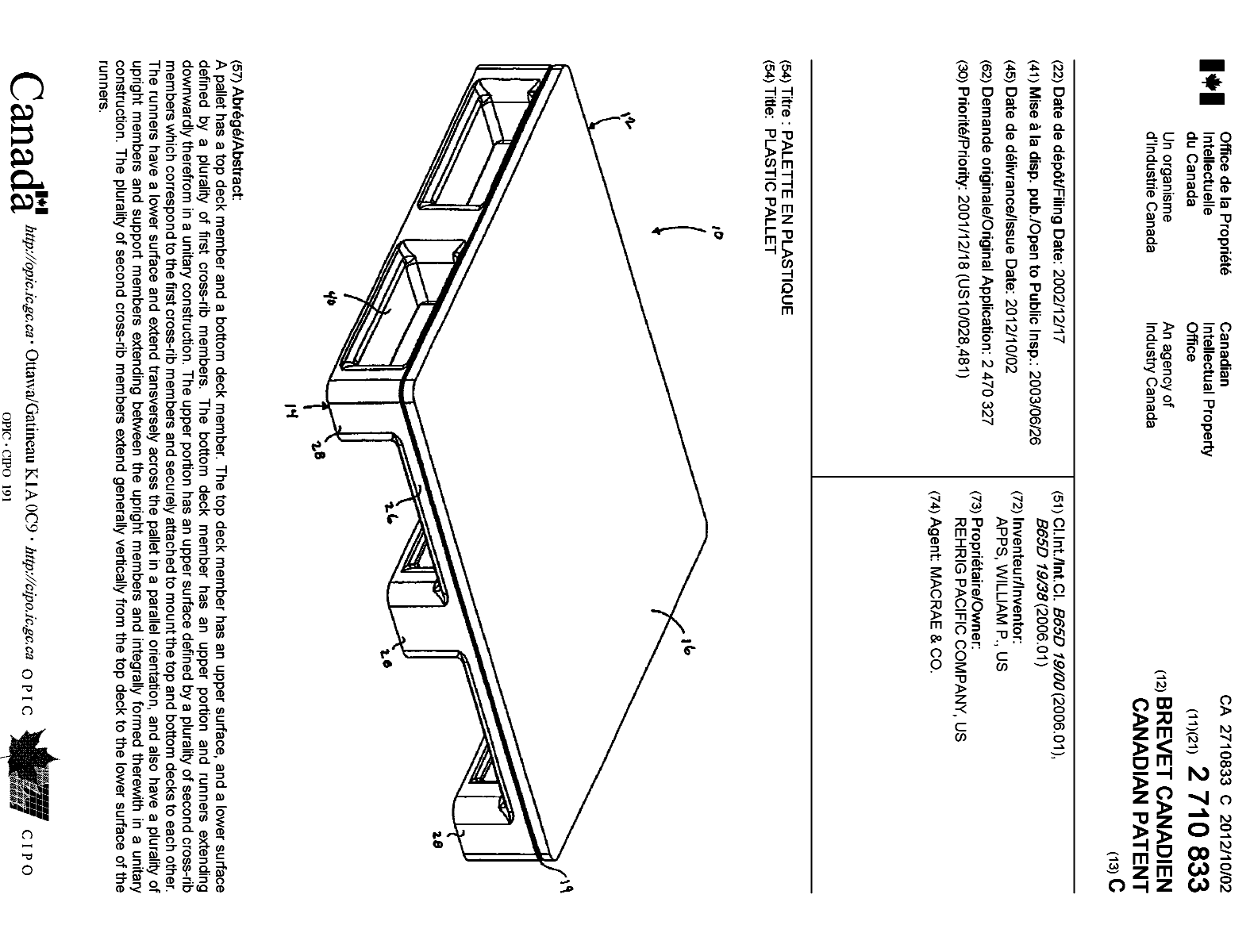 Document de brevet canadien 2710833. Page couverture 20111212. Image 1 de 1