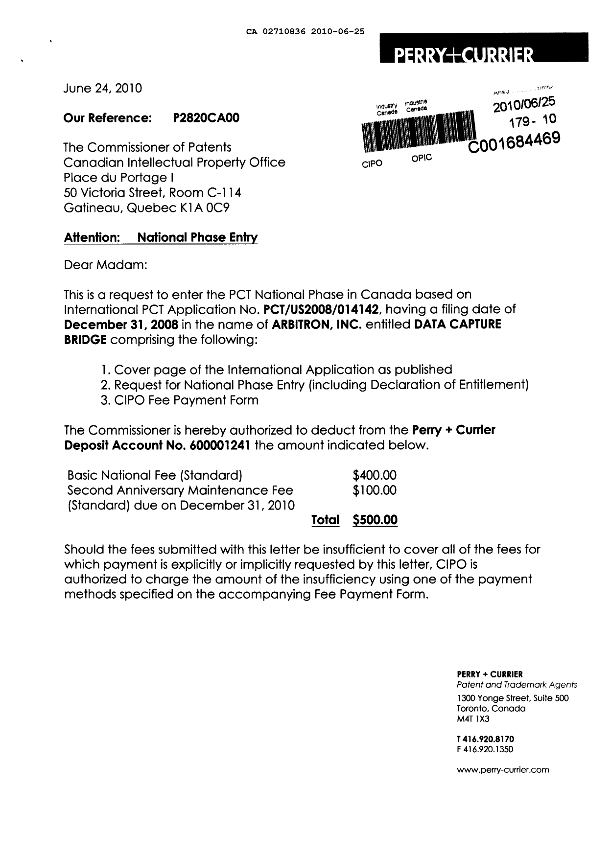 Document de brevet canadien 2710836. Cession 20100625. Image 1 de 4