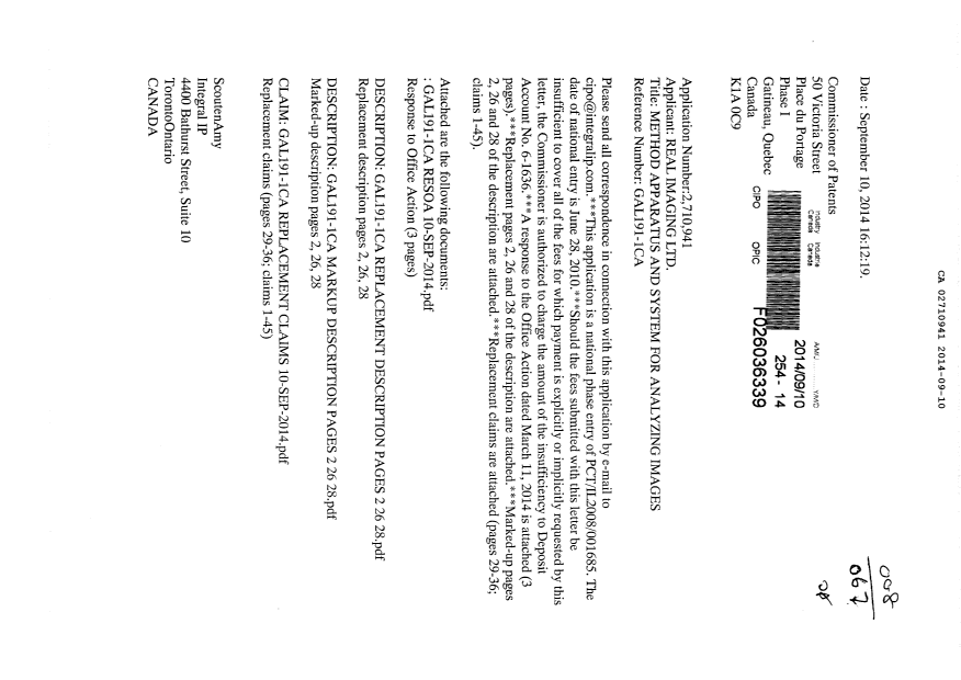 Document de brevet canadien 2710941. Correspondance 20140910. Image 1 de 5