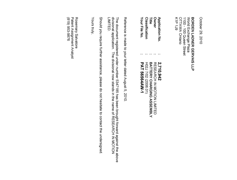 Document de brevet canadien 2710942. Correspondance 20101029. Image 1 de 1