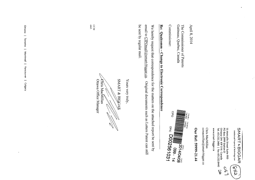 Document de brevet canadien 2711305. Correspondance 20140408. Image 1 de 2