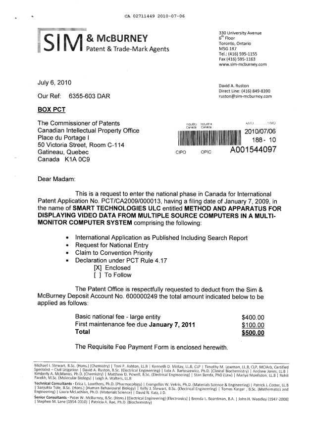 Document de brevet canadien 2711449. Cession 20100706. Image 1 de 5