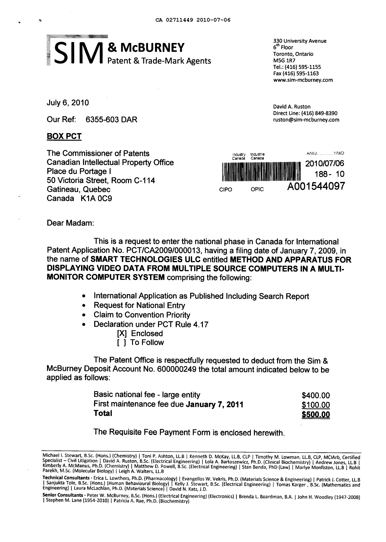 Document de brevet canadien 2711449. Cession 20100706. Image 1 de 5