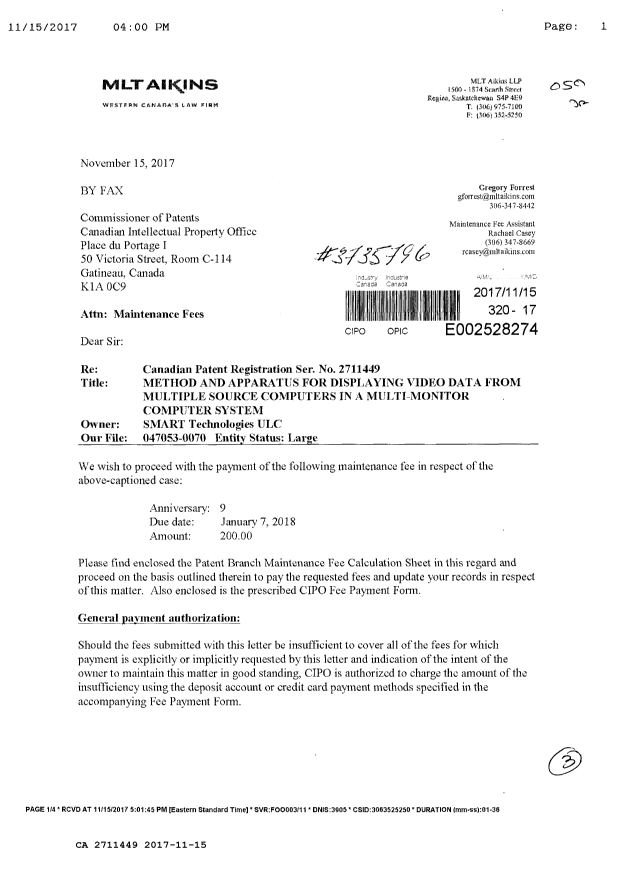 Canadian Patent Document 2711449. Maintenance Fee Payment 20171115. Image 1 of 3