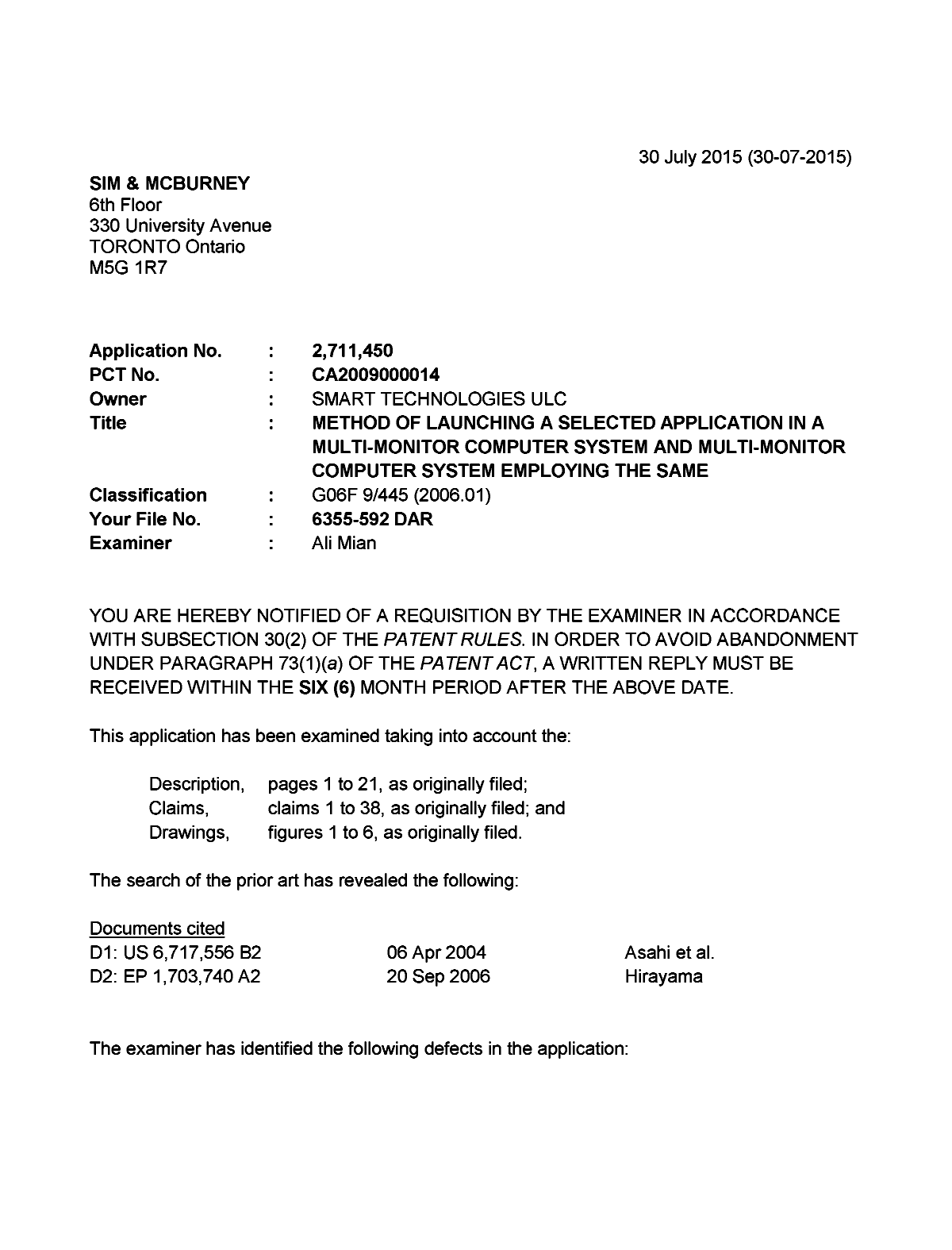 Document de brevet canadien 2711450. Demande d'examen 20150730. Image 1 de 4