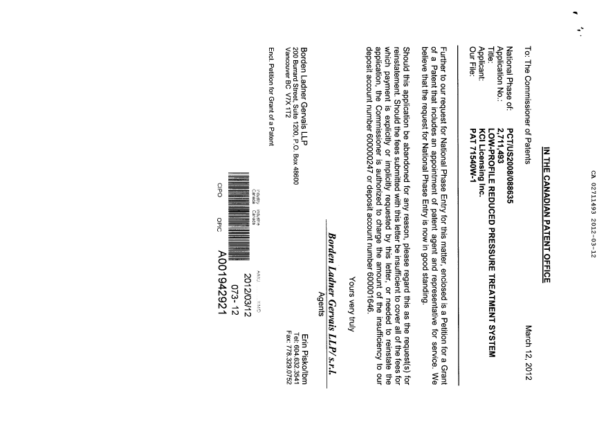 Canadian Patent Document 2711493. Correspondence 20111212. Image 1 of 3