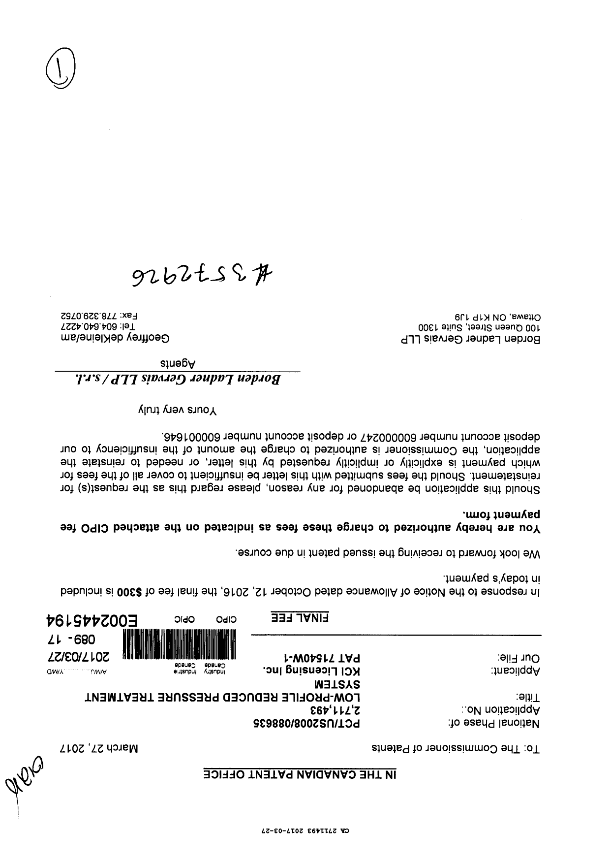 Canadian Patent Document 2711493. Correspondence 20161227. Image 1 of 1