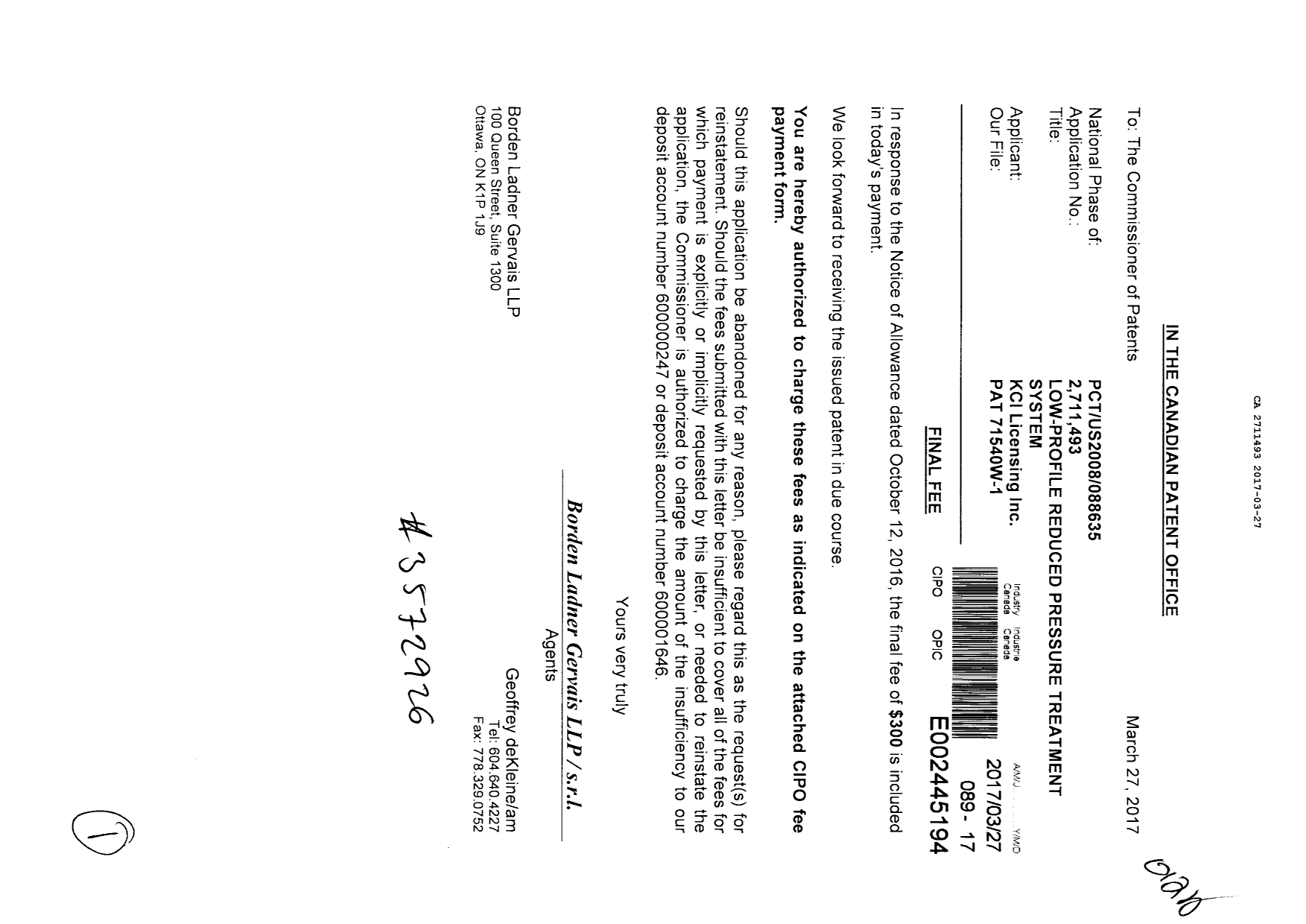 Document de brevet canadien 2711493. Correspondance 20161227. Image 1 de 1