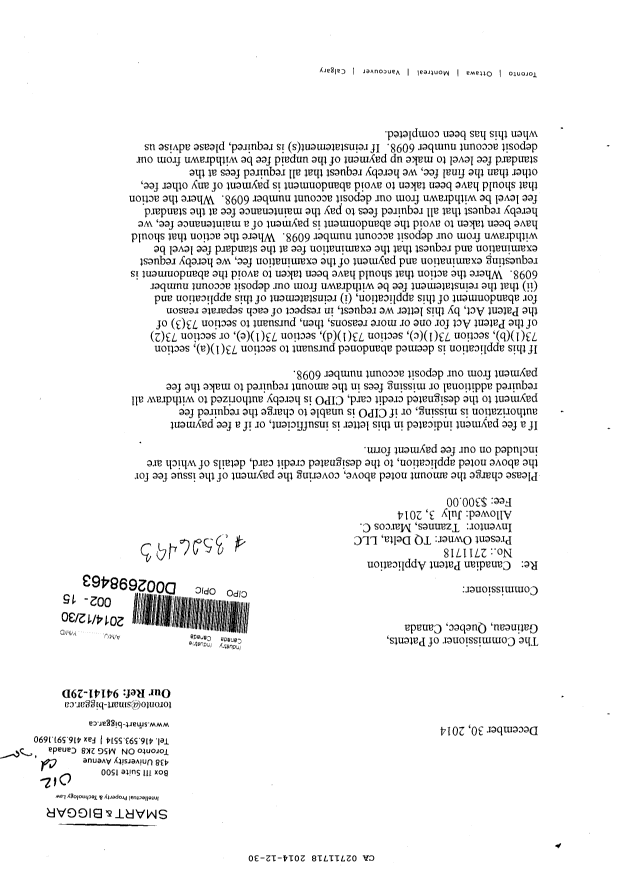 Canadian Patent Document 2711718. Correspondence 20141230. Image 1 of 2