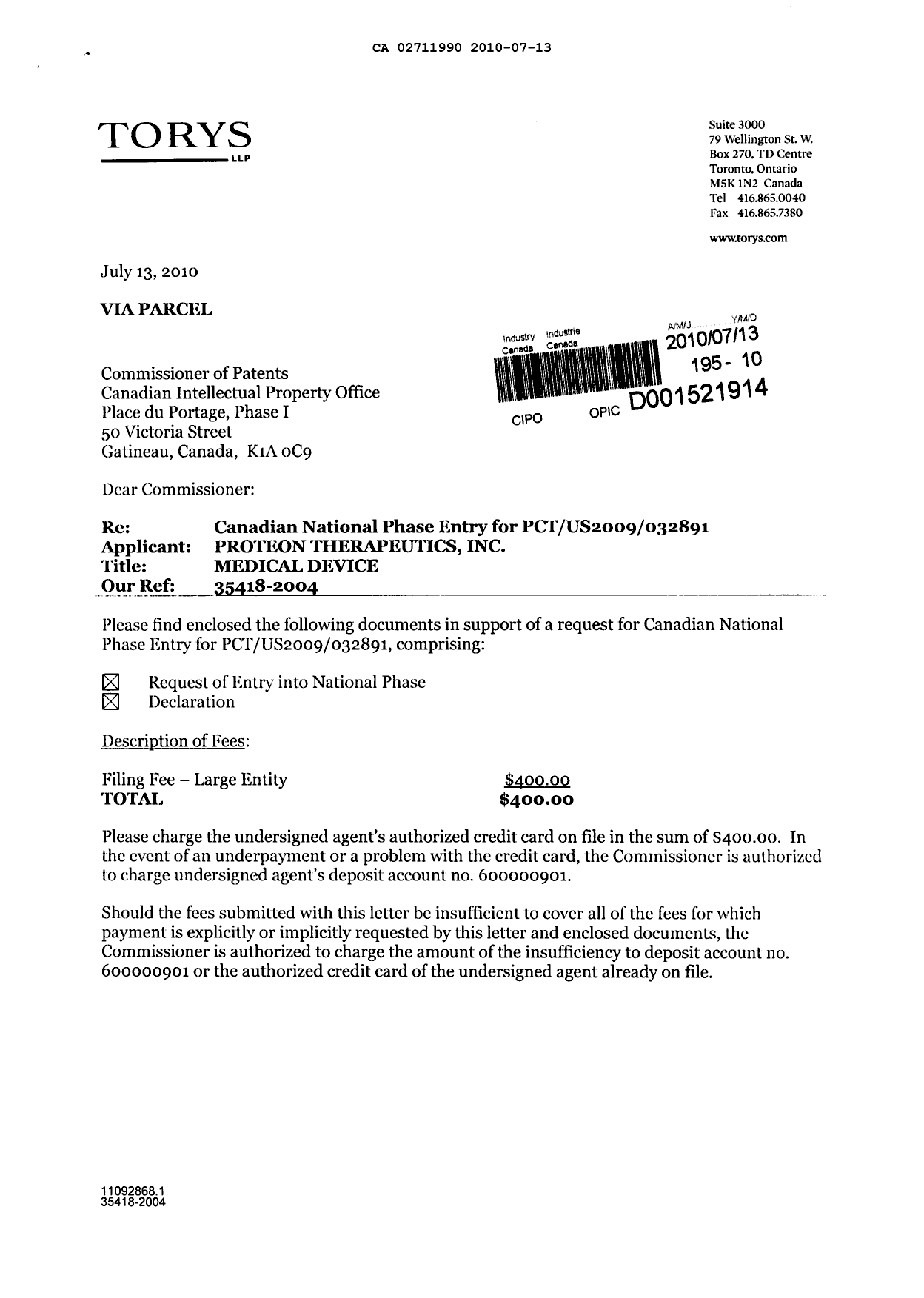 Document de brevet canadien 2711990. Cession 20100713. Image 1 de 5