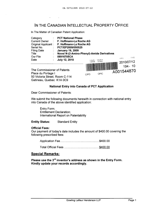 Document de brevet canadien 2711995. Cession 20100712. Image 1 de 6