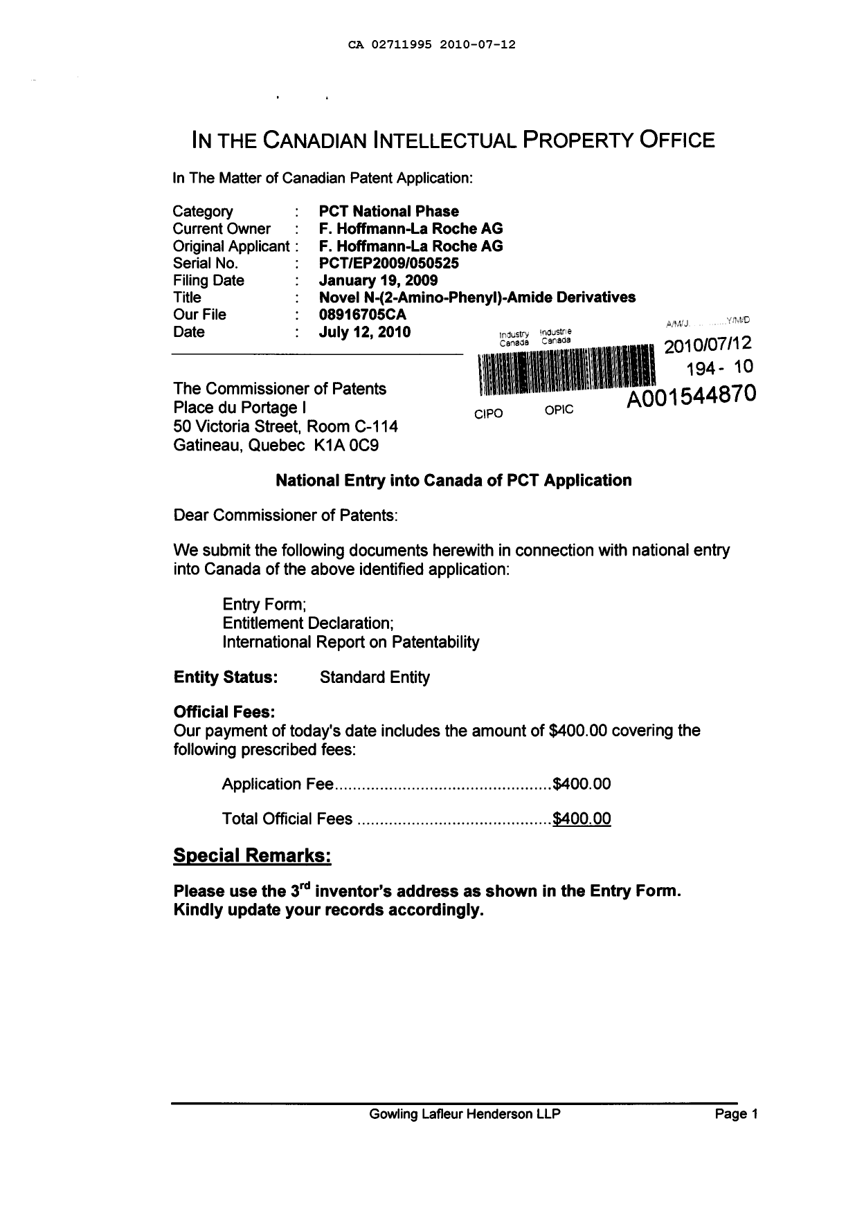 Document de brevet canadien 2711995. Cession 20100712. Image 1 de 6