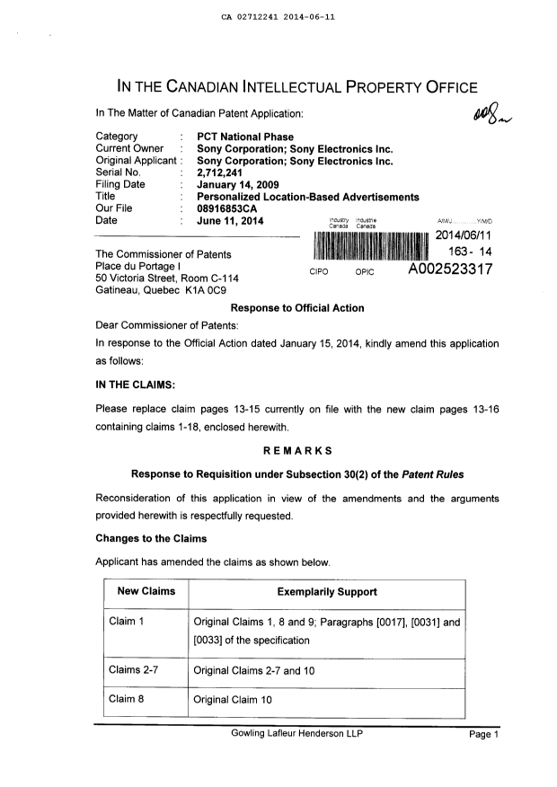 Document de brevet canadien 2712241. Poursuite-Amendment 20140611. Image 1 de 8