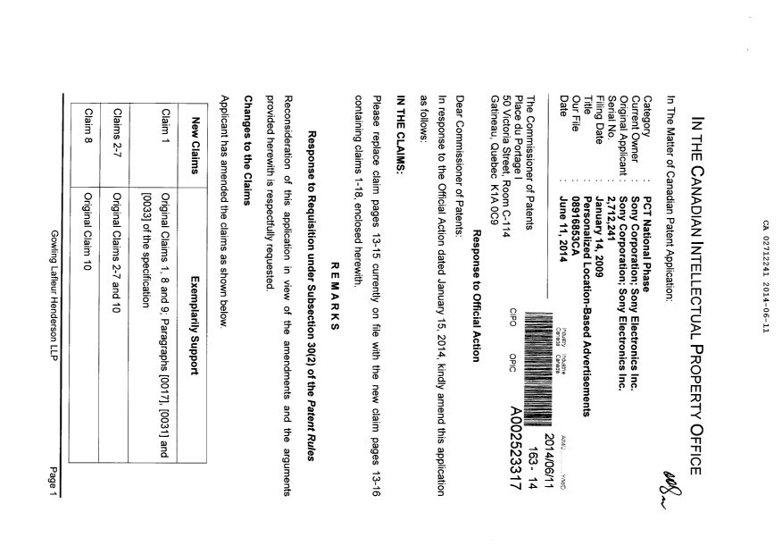 Canadian Patent Document 2712241. Prosecution-Amendment 20140611. Image 1 of 8
