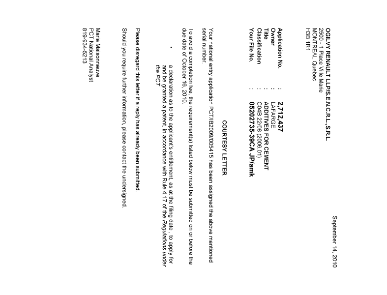Canadian Patent Document 2712437. Correspondence 20100914. Image 1 of 1