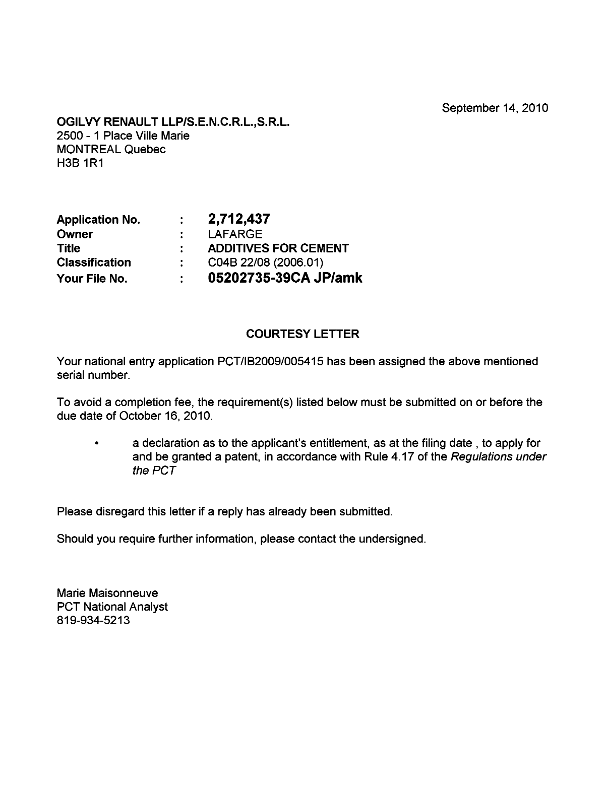 Document de brevet canadien 2712437. Correspondance 20100914. Image 1 de 1